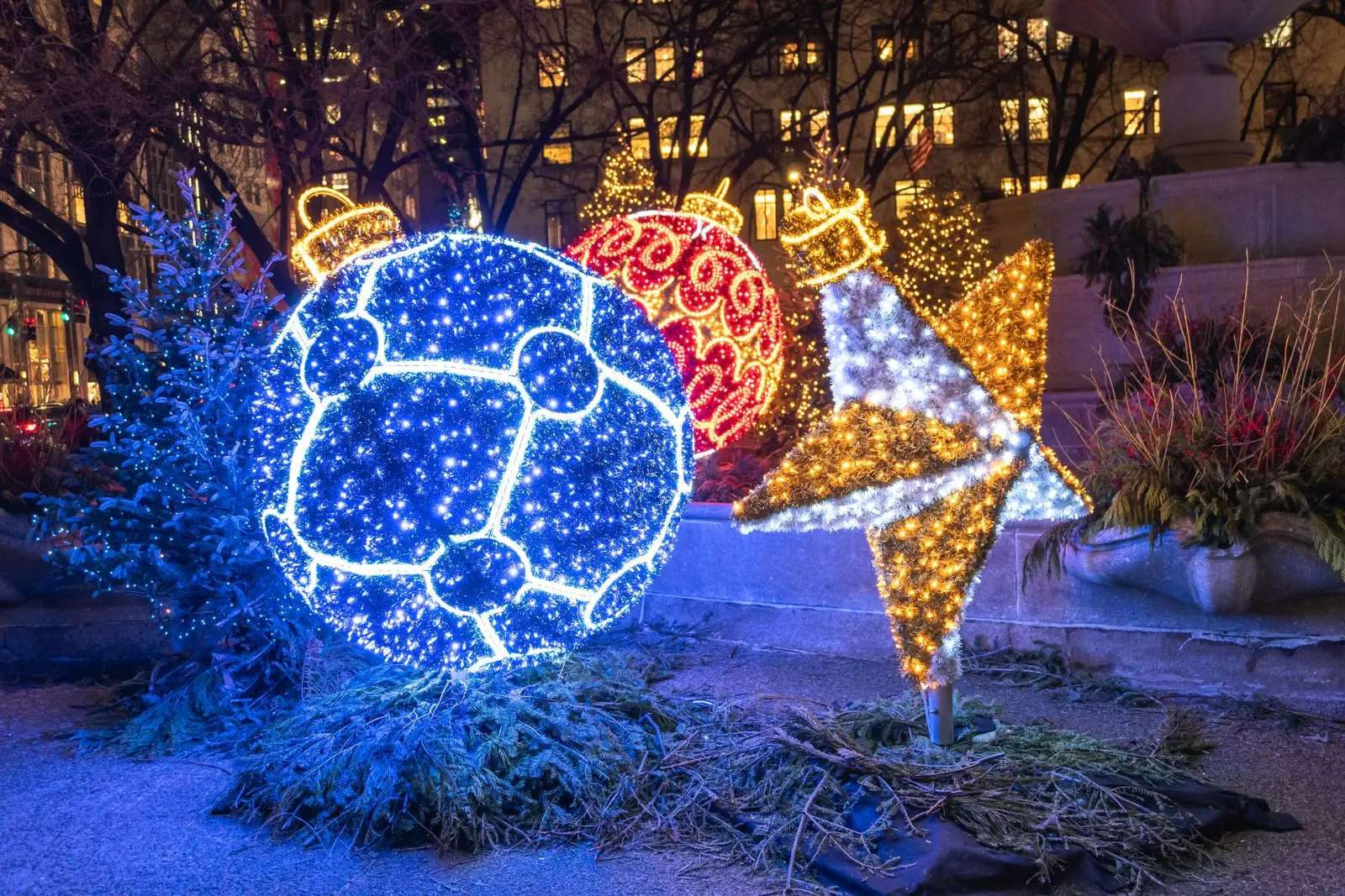 Large illuminated holiday ornament display